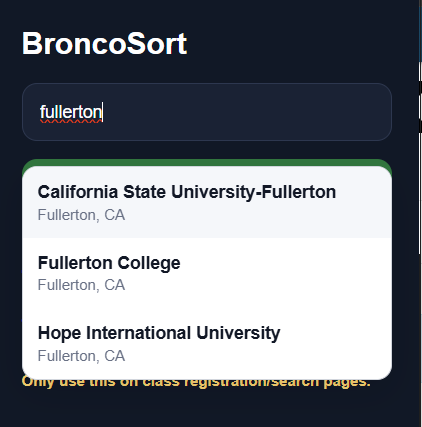 Search for your school in BroncoSort
